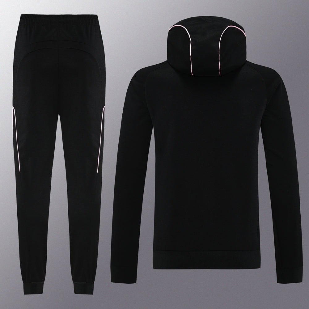 90249347 | AE JERSEY Black athletic tracksuit with pink piping: tapered joggers and a matching hooded sweatshirt, shown from front and back.
