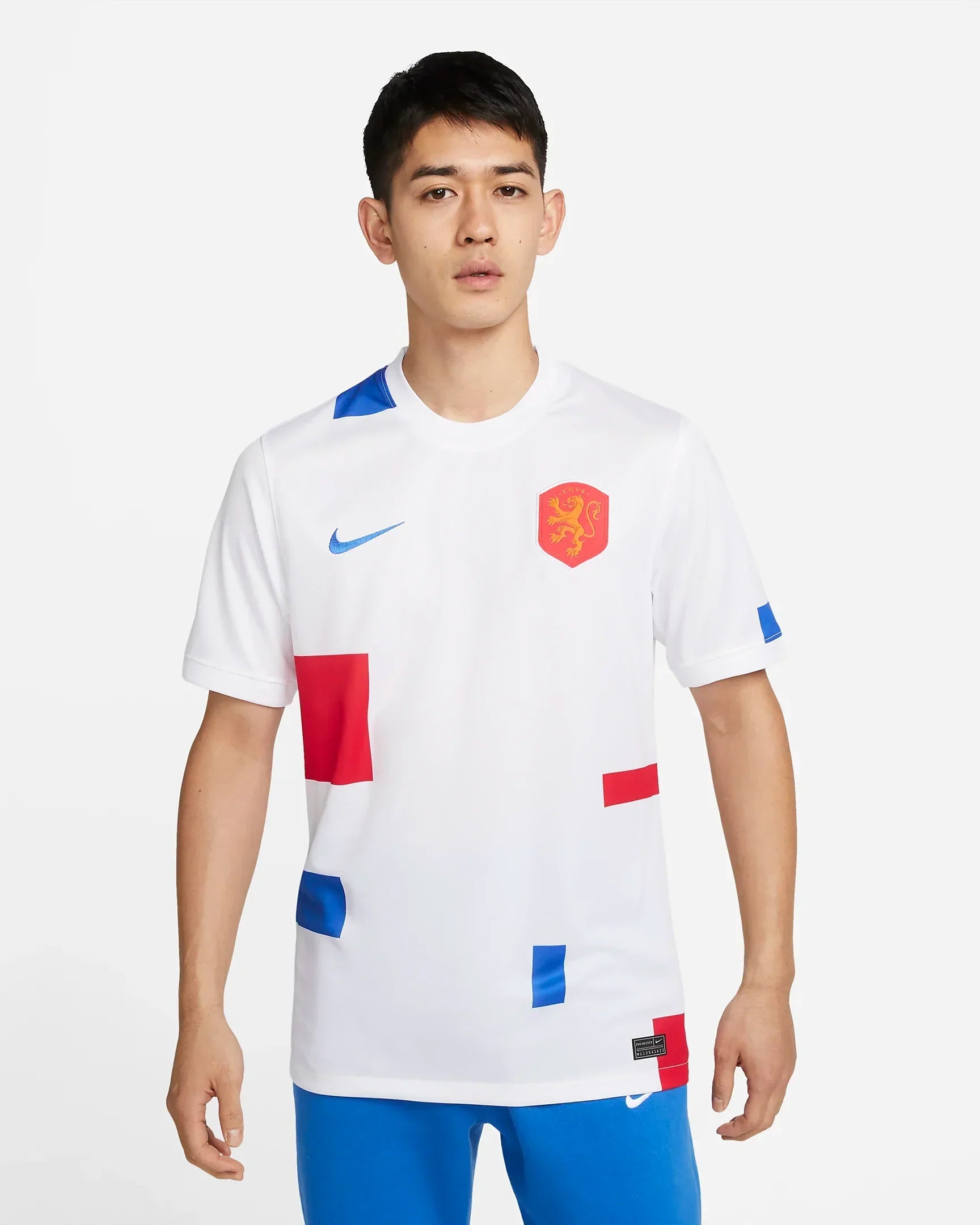 90eba628-9dda-4a12-a93a-a123969d5823_1_40a8062b-6d1d-4b0d-8ad6-5ea2d1b4ad74 | AE JERSEY Young man modeling a white soccer jersey with blue accents and a red crest featuring a yellow lion on the chest, against a light background.