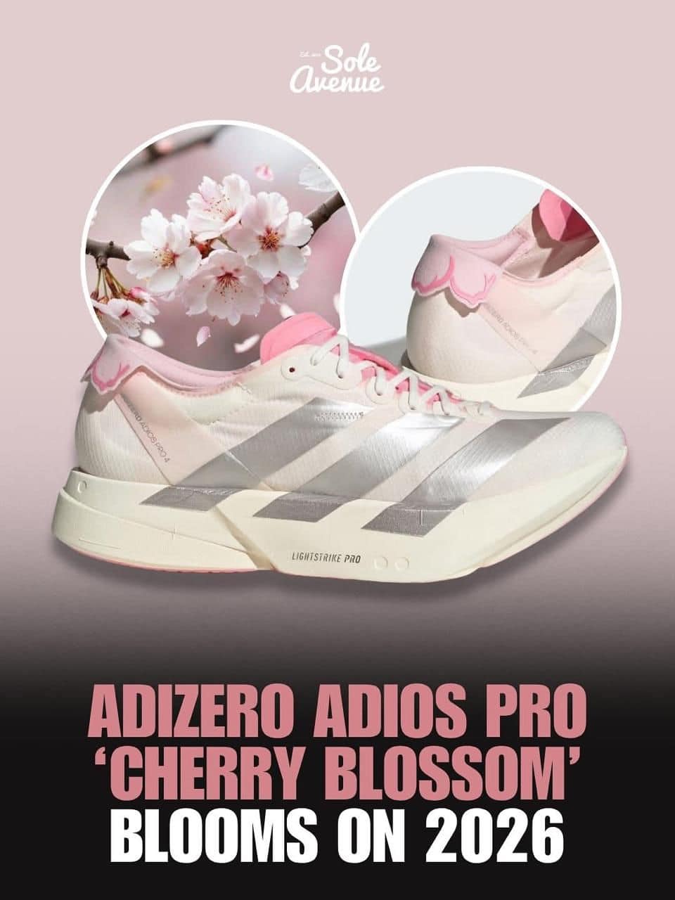 912a5200-a164-4983-b969-ab3715dbd077 | AE JERSEY White and pink Adizero Adios Pro running shoes with cherry blossoms in circular frames and a pink background, signaling a 'Cherry Blossom' bloom on 2026 promotion.