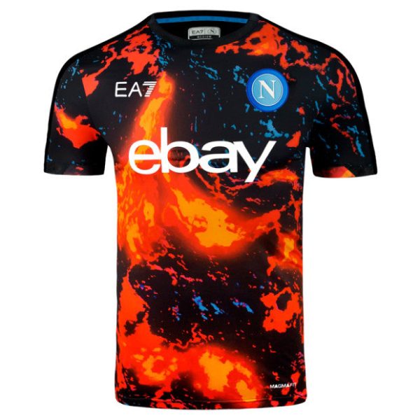 Napoli football jersey with lava-pattern in orange and black, blue crest, and white 'ebay' sponsor logo (EA7 branding).