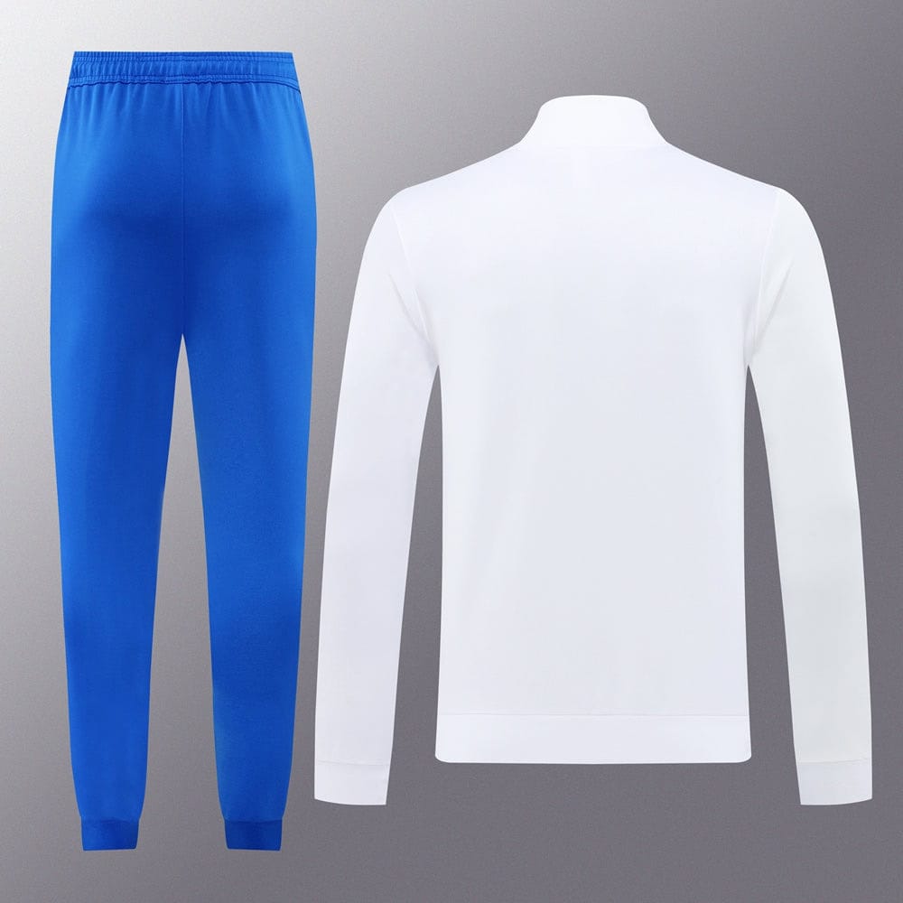 9186c27f | AE JERSEY White long-sleeve athletic top paired with blue jogger pants on a gray background (tracksuit set).