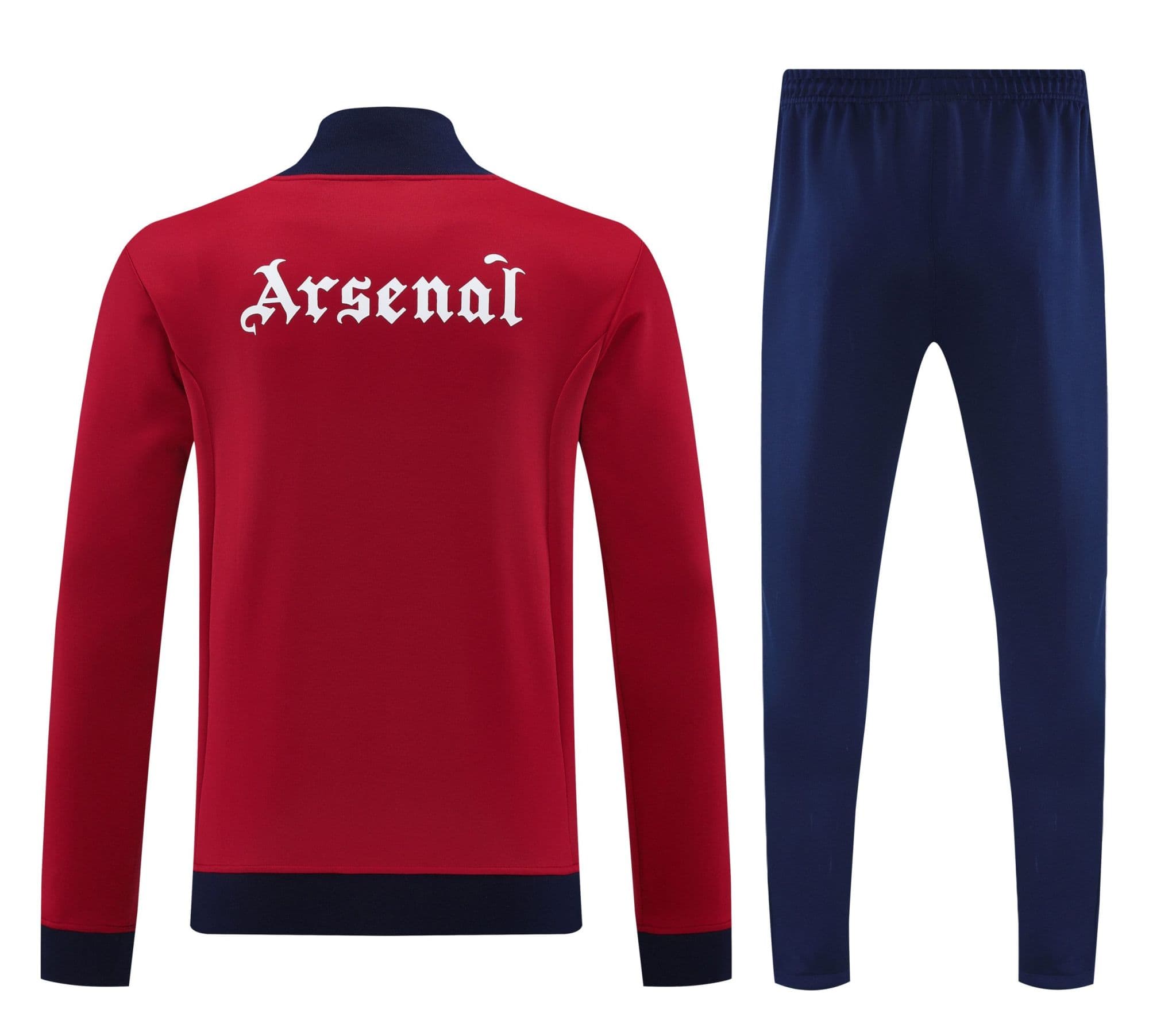 921e6dfe | AE JERSEY Red sports jacket viewed from the back with the word 'Arsenal' in white Gothic font, paired with navy jogger pants in the background.