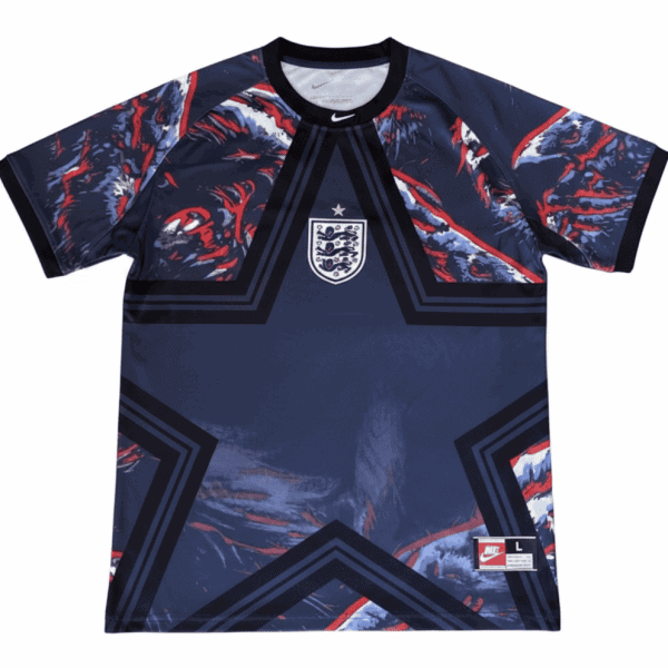 Navy England soccer jersey with a bold geometric star design, featuring the England crest and a small star on the chest.