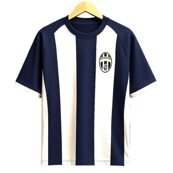 Navy and white vertical striped soccer jersey on a hanger with a crest on the chest.