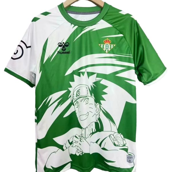 Green and white Naruto-themed jersey with a large front graphic and subtle logos (hummel) on the chest.