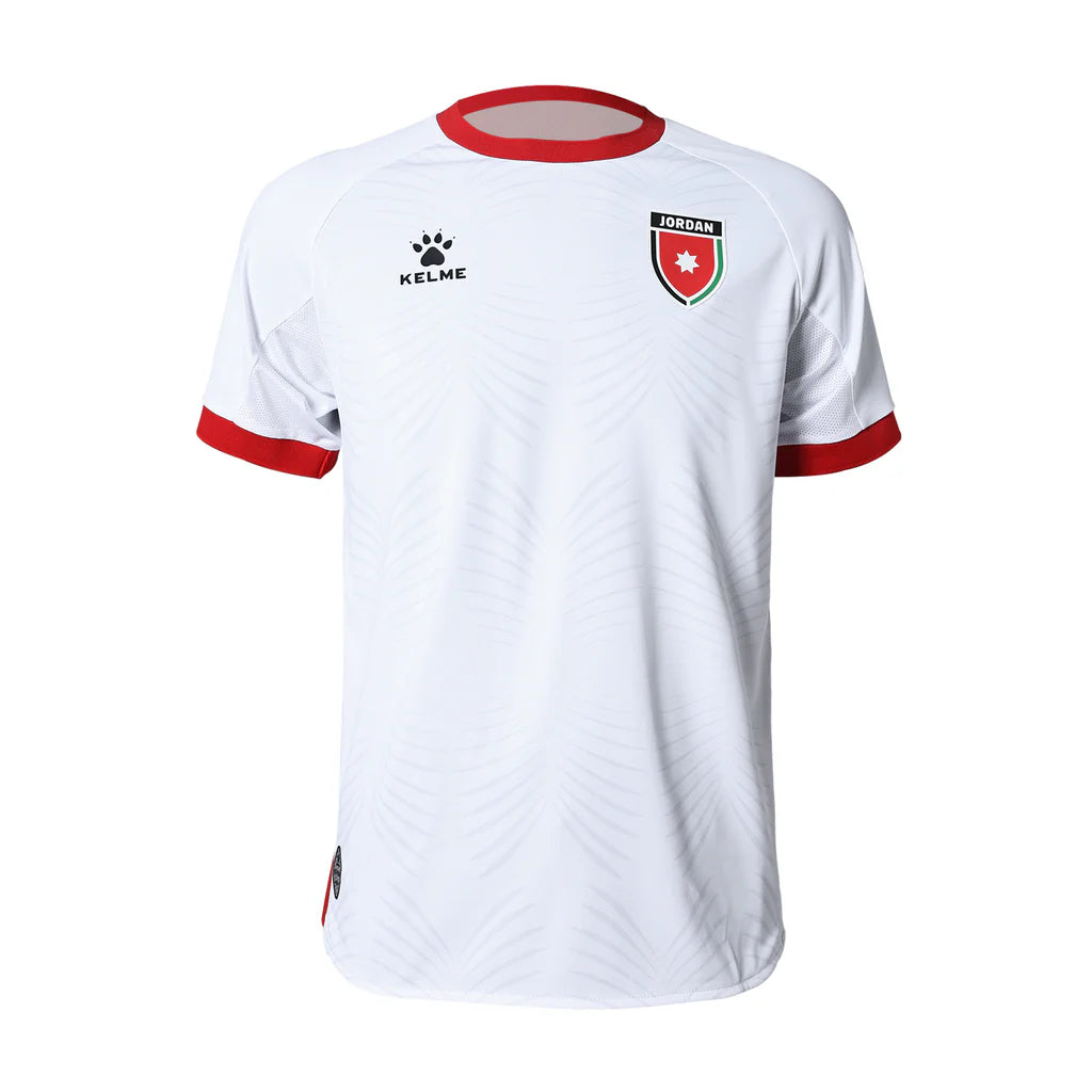 9_1024x1024_60090343-f923-430a-9155-d5f21efa6e85 | AE JERSEY White soccer jersey with red collar and red sleeve cuffs, Jordan crest on the left chest and Kelme logo on the right chest.
