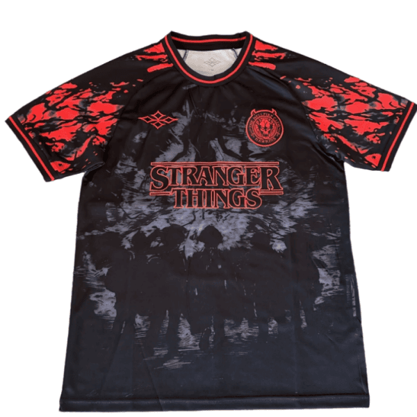 Black and red tie-dye Stranger Things jersey with a circular crest on the left chest and the 'STRANGER THINGS' logo across the front.
