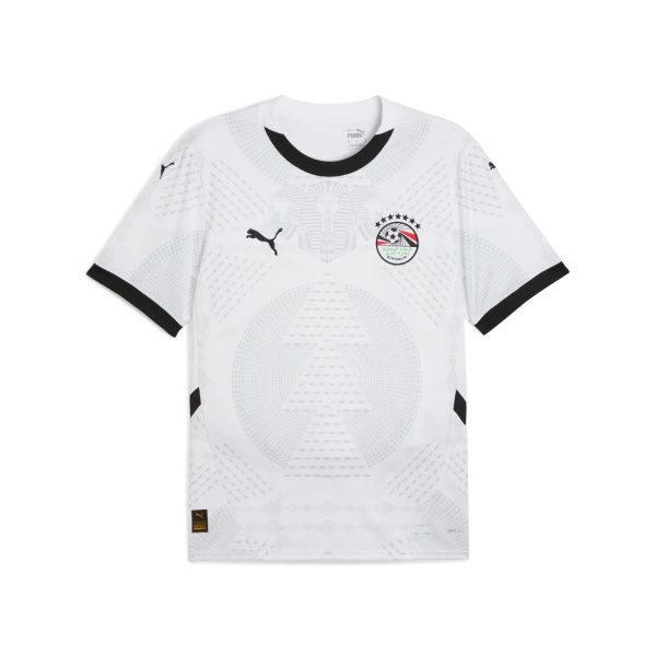 White Egypt national team soccer jersey with black collar and sleeve cuffs, featuring the Egyptian Football Association crest on the chest and Puma logo marks.