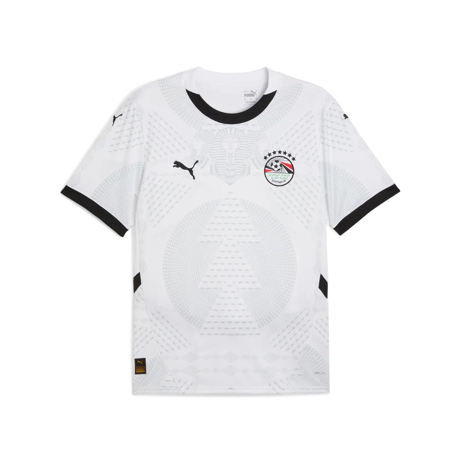 9_adccbaf7-9852-42b7-a148-104825aee071 | AE JERSEY White Egypt national team soccer jersey with black collar and sleeve cuffs, featuring the Egyptian Football Association crest on the chest and Puma logo marks.
