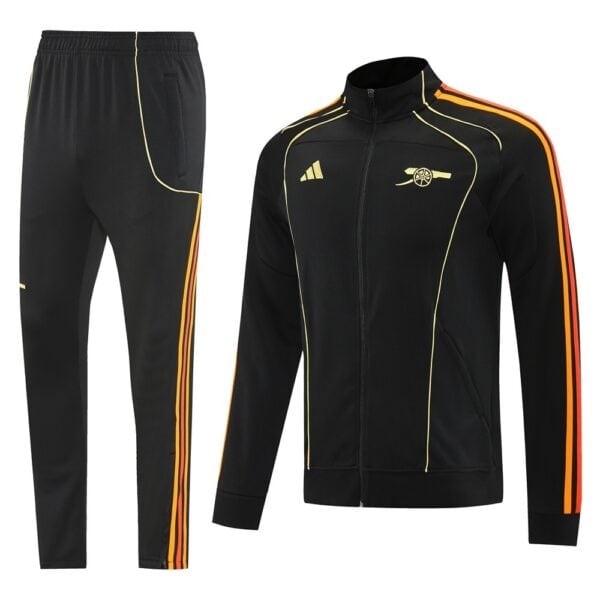 Black athletic tracksuit jacket with yellow piping and orange side stripes, matching black pants with similar stripes; features Adidas logo and Arsenal crest, suitable for training or casual wear.