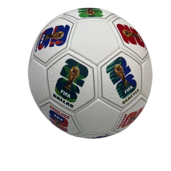White soccer ball covered with FIFA World Cup logos from different host cities (DALLAS, SEATTLE) and teams' emblems