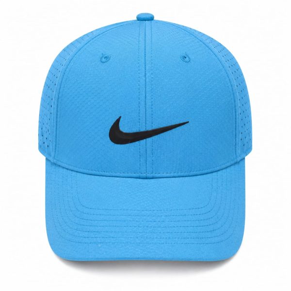 Bright blue Nike baseball cap with a black swoosh logo on the front panel, curved brim and perforated sides, photographed head-on.