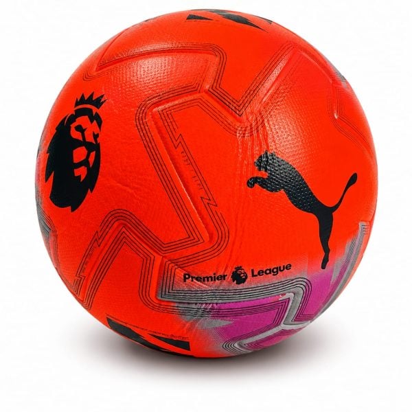 Orange Premier League soccer ball with black Puma logo and geometric line patterns, on a white background.