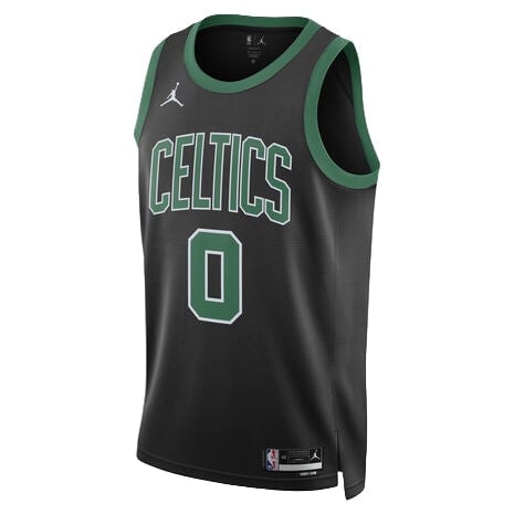 Black Celtics basketball jersey with green trim and the number 0 displayed on front; away game uniform style.