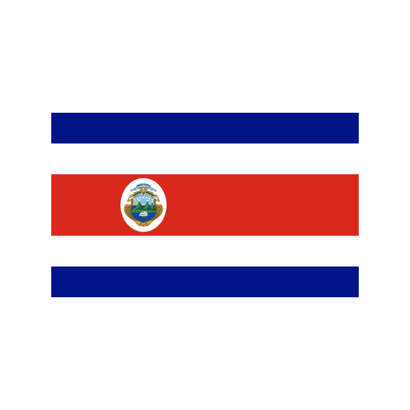 Flag featuring blue top stripe, red middle stripe with a circular coat of arms toward the left, and blue bottom stripe on a white background.