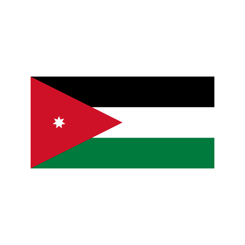 Flag of Jordan: black, white, and green horizontal stripes with a red triangle at the hoist containing a white seven-pointed star.