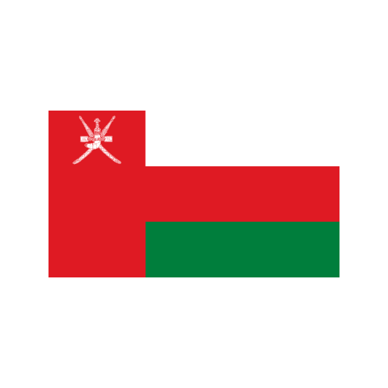 Flag of Oman: red vertical hoist with white national emblem, plus horizontal red stripe over a green stripe