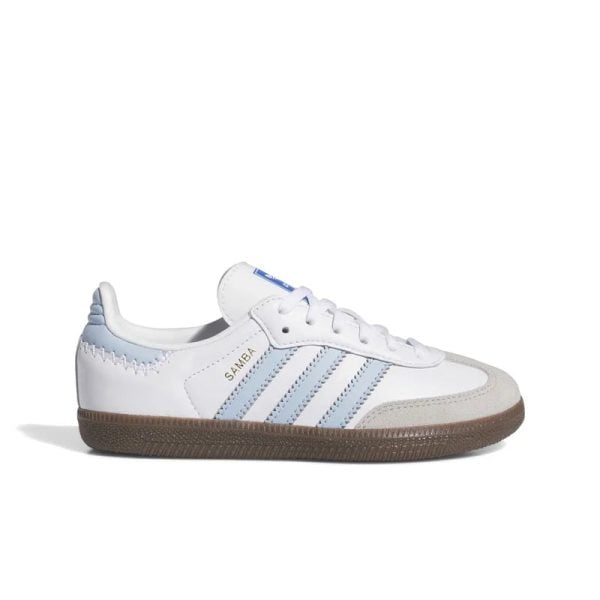 White Adidas Samba sneaker with light blue stripes and a brown gum sole, side view.