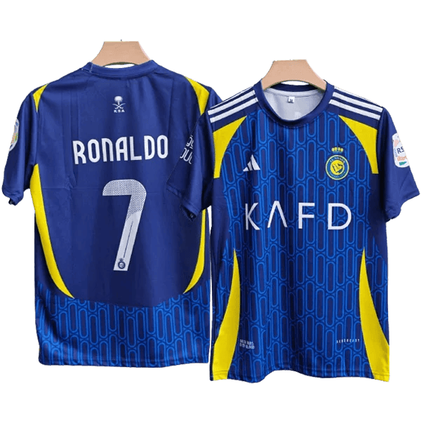 Two blue soccer jerseys with yellow accents shown side by side; one back reads 'RONALDO' and number 7, the other front features a KNFD sponsor and crest.