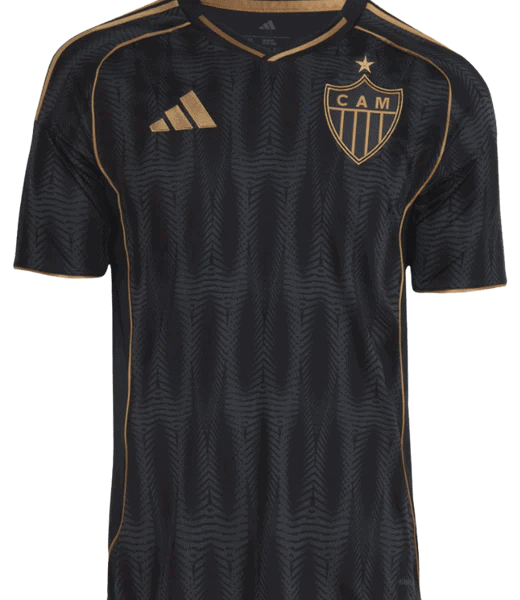 Black soccer jersey with gold trim, CAM club crest and Adidas logo on the chest.