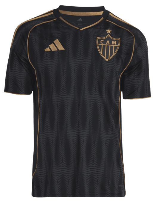 Black soccer jersey with gold trim, CAM club crest and Adidas logo on the chest.