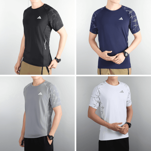 Collage of four models wearing athletic T‑shirts: black, navy, gray, and white with marble pattern on shoulders and Adidas logo on chest; mid‑torso view.