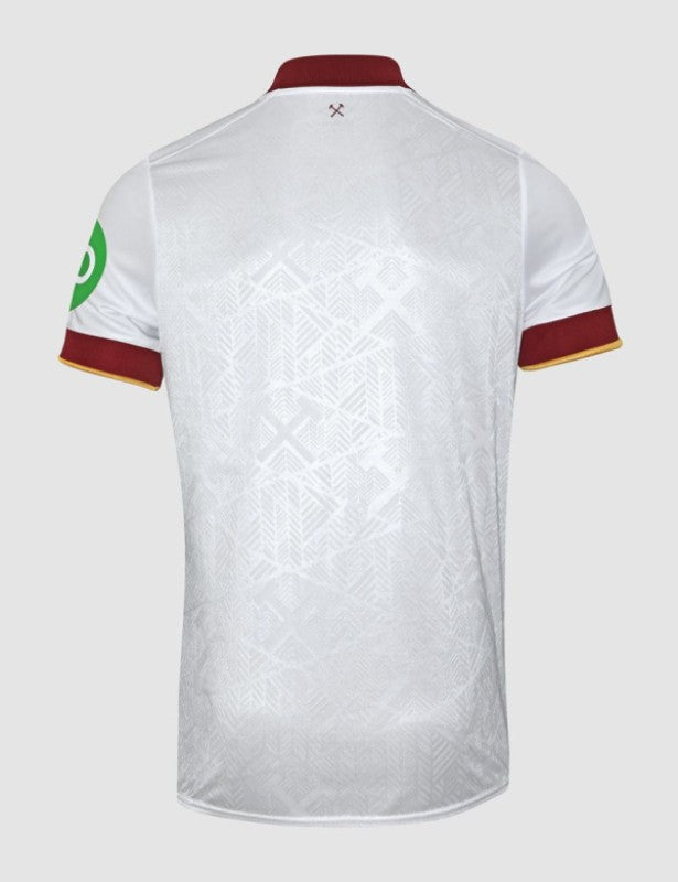 AvtccFPYOrpln0u | AE JERSEY Back view of a white athletic jersey with a subtle geometric pattern, maroon collar and sleeve cuffs with yellow trim, and a green patch on the left sleeve.