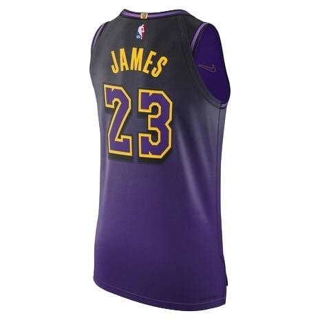 Purple sleeveless basketball jersey with yellow 'JAMES' and number 23 on the back, NBA logo at the neckline.