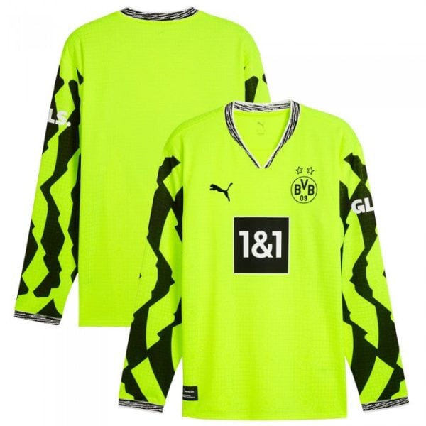 Two neon-yellow Borussia Dortmund goalkeeper jerseys shown from front and back, featuring the BVB crest and the 1&1 sponsor.