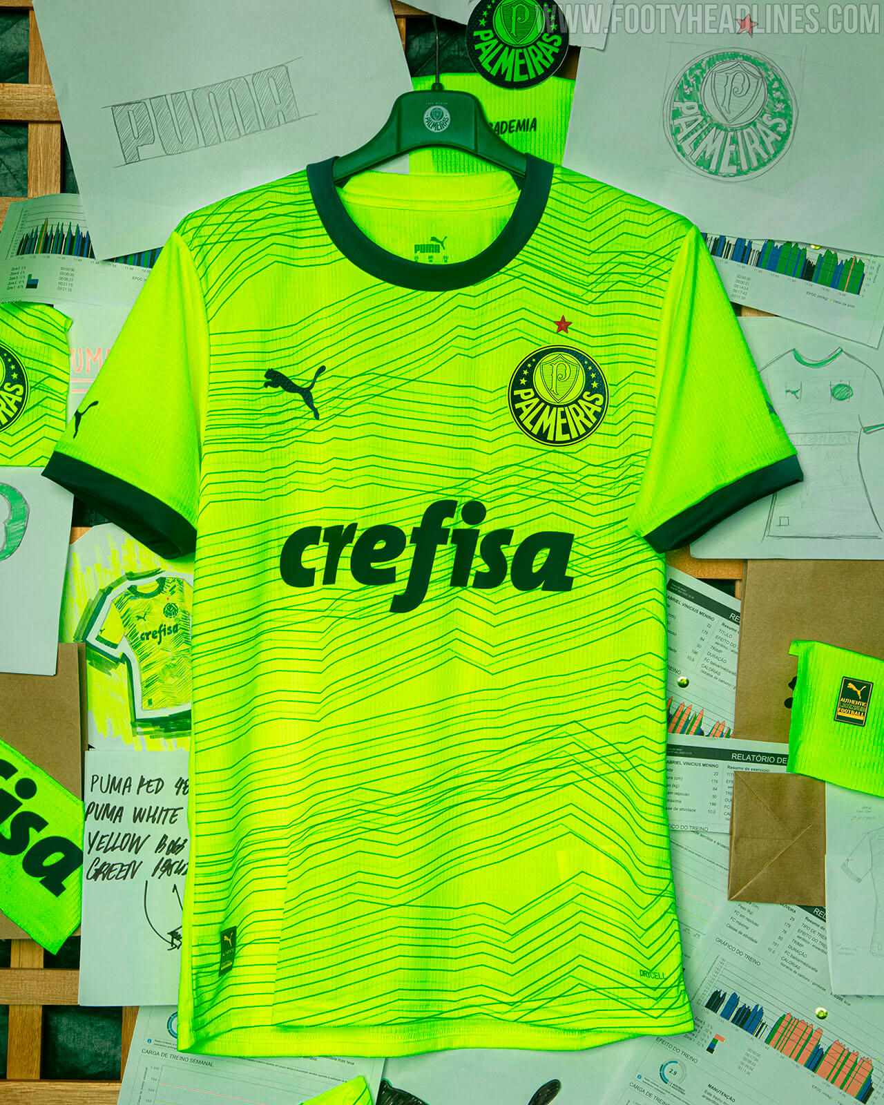 BrazilianclubPalmeirashavelaunchedtheirthirdshirtforthe2023-2024season.TheshirtisofficiallynamedTheHeartoftheThirdAcademyandissaidtosymbolizethepassiona_5_a0f1a920-4f4f-4fe5-a647-fbac50b15004 | AE JERSEY Bright neon Palmeiras goalkeeper jersey on a hanger, with crest, Puma logo, and 'crefisa' sponsor across the chest.