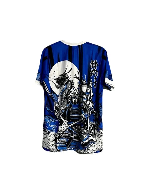 C0C19270-4D01-46D7-AB79-7D42D2D919B8 | AE JERSEY Blue graphic tunic featuring samurai warriors and a dragon in front of a white full moon.