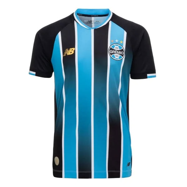 Grêmio football club jersey with blue and black vertical stripes, New Balance logo on the right chest and club crest on the left chest.