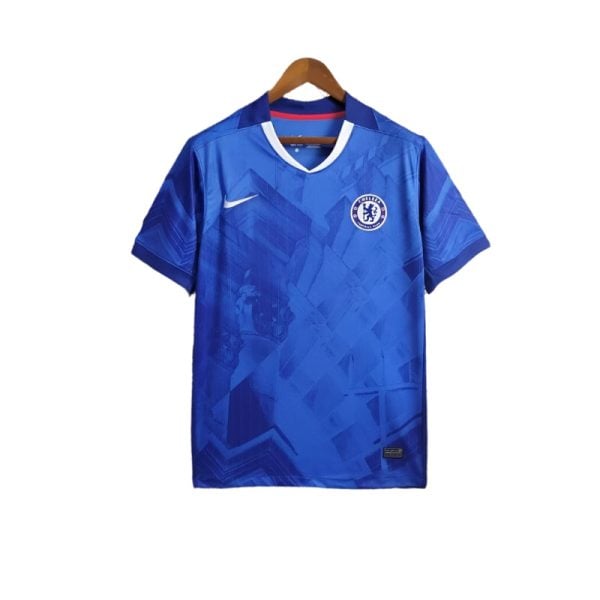 Blue Chelsea FC football jersey on a hanger with white V-neck trim and Nike swoosh on the chest.
