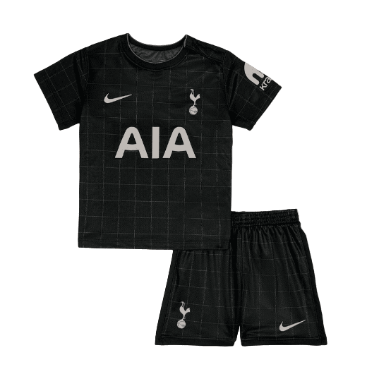 Tottenham Hotspur black grid-pattern youth soccer jersey and shorts with AIA sponsor and Nike logos.
