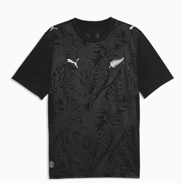 Black short-sleeve athletic shirt with a dark fern pattern and white Puma logos on the chest