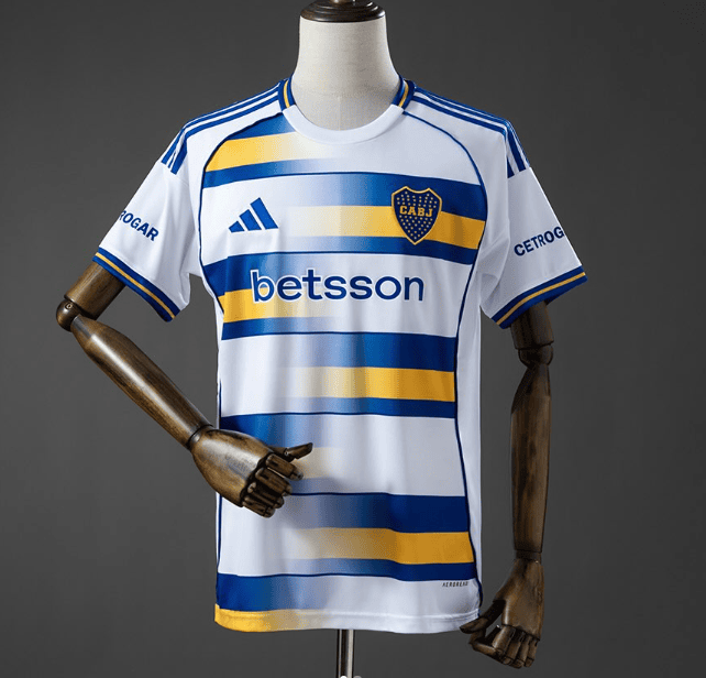 Capture_f1180f33-add0-4a1f-aaac-15102561b8de | AE JERSEY White soccer jersey on a mannequin featuring blue and yellow horizontal stripes, a team crest on the chest, and 'betsson' sponsor across the front; Adidas logo on the right side and blue/yellow trim on sleeves and hem; suitable for a sports uniform listing.
