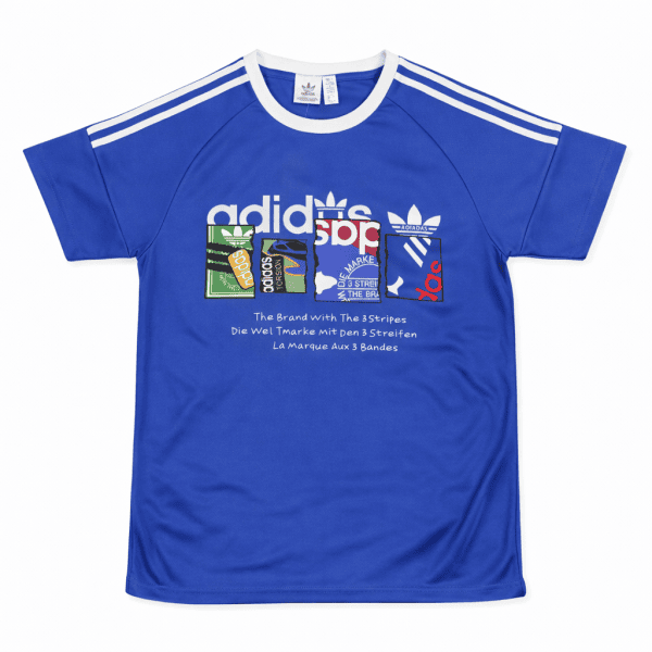 Blue Adidas t-shirt with white triple stripes on the shoulders and a multicolored logo collage across the chest.