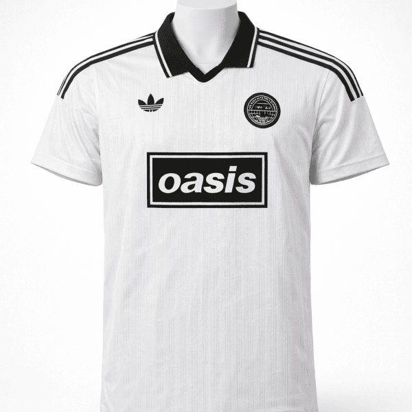 White Adidas soccer jersey with black stripes on shoulders, 'oasis' sponsor logo in the center, and crest on the chest.