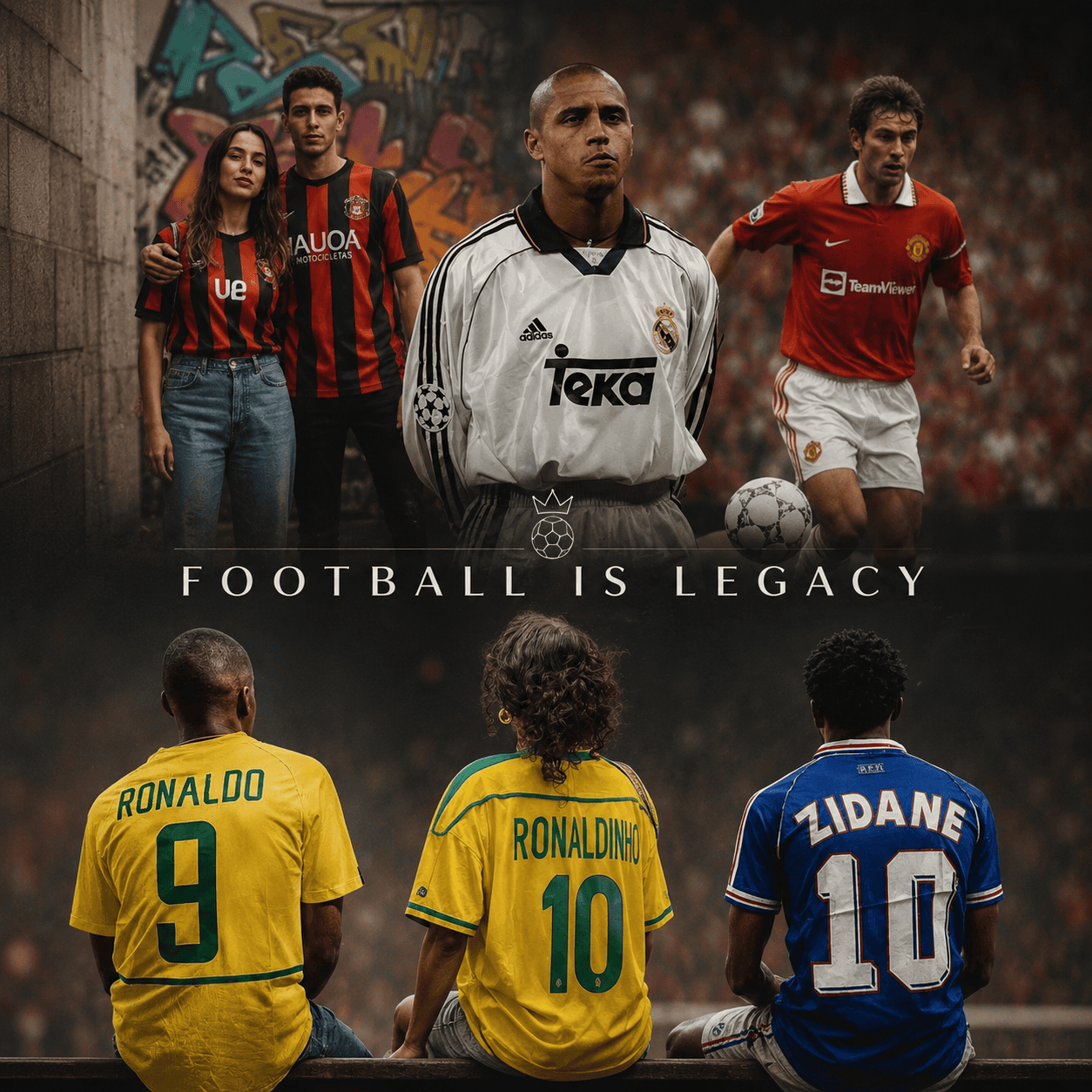 Group of soccer players in vintage and modern jerseys, with the banner 'FOOTBALL IS LEGACY' across the middle. Players stand against a graffiti wall and stadium crowd. Contrasting teams include red, white, yellow, and blue kits, showing a global legacy theme.