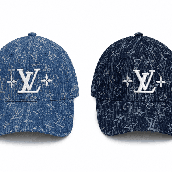 Two denim Louis Vuitton caps side by side with white LV logo and floral motifs on a light background, showing front view of each cap.
