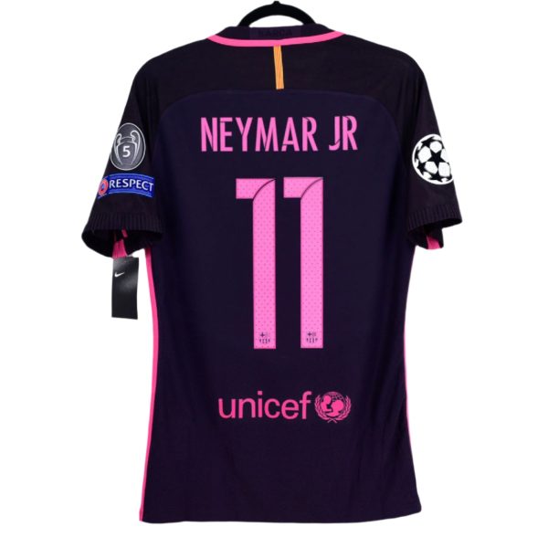 Back view of Neymar Jr jersey in dark purple with pink name and number 11, UNICEF logo at the lower back area.