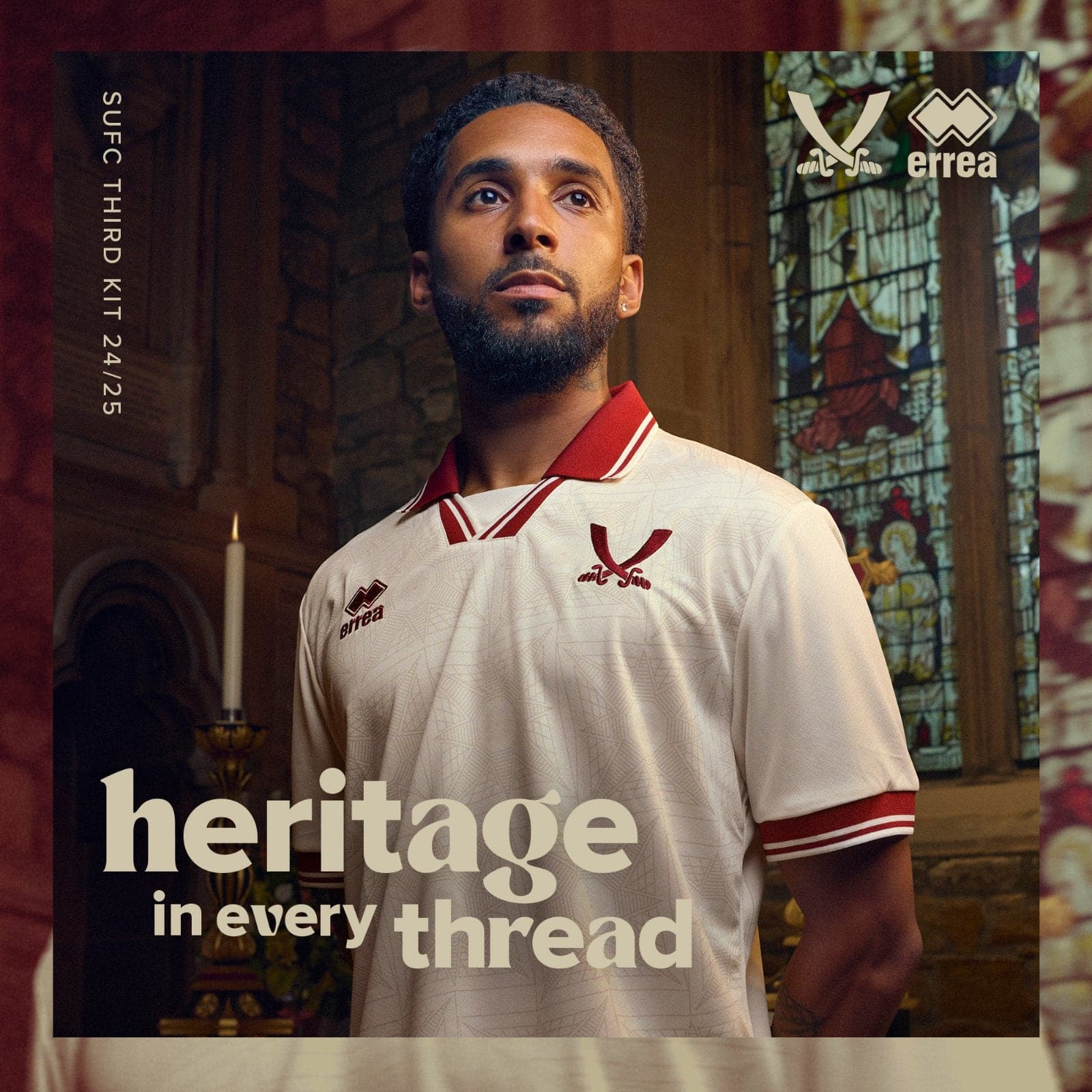 E7WVd5vGNsR38yZ | AE JERSEY Portrait of a man in a cream Errea sports jersey inside a church-like setting, with the slogan 'heritage in every thread' and brand logos visible.