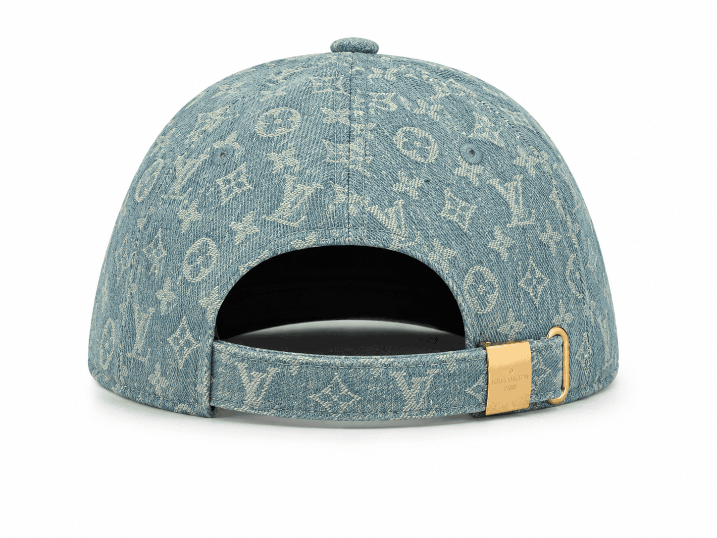 ED0B137D-70BA-4F16-83F1-A2CFD5883D86 | AE JERSEY Back view of a blue denim Louis Vuitton cap with monogram pattern and a gold buckle strap closure