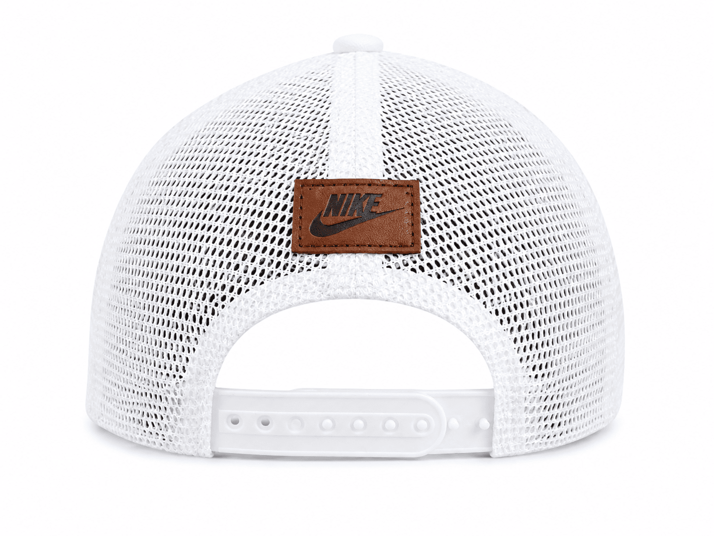 FC0F3D9D-EEE2-445D-88F3-4861AA6DF93D | AE JERSEY Back view of a white Nike mesh trucker cap with an adjustable strap and brown leather logo patch