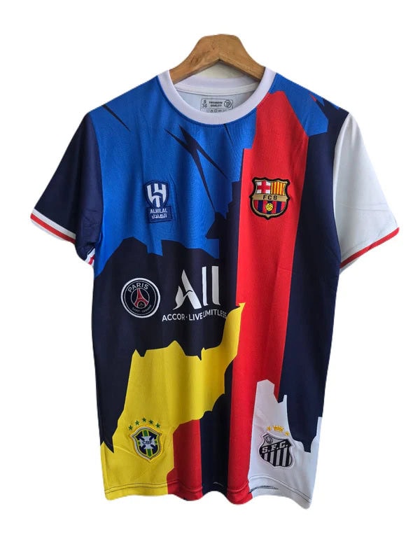 FD76C78B-2EB9-4771-BB81-BC9DF304EE3D_1 | AE JERSEY Colorful soccer jersey with FC Barcelona crest and sponsor logos on abstract red, blue, yellow blocks.