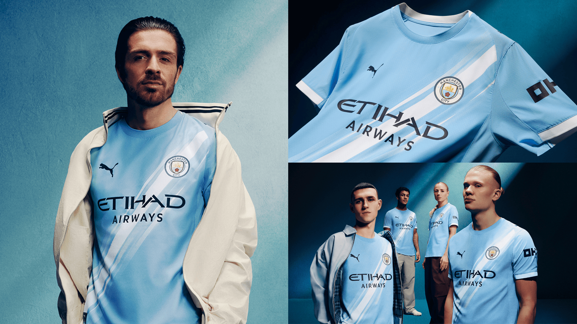 GOAL_-_Multiple_Images_-_3_Stacked_-_Facebook_360 | AE JERSEY Collage of Manchester City players in light blue Etihad Airways jerseys against blue backdrops.
