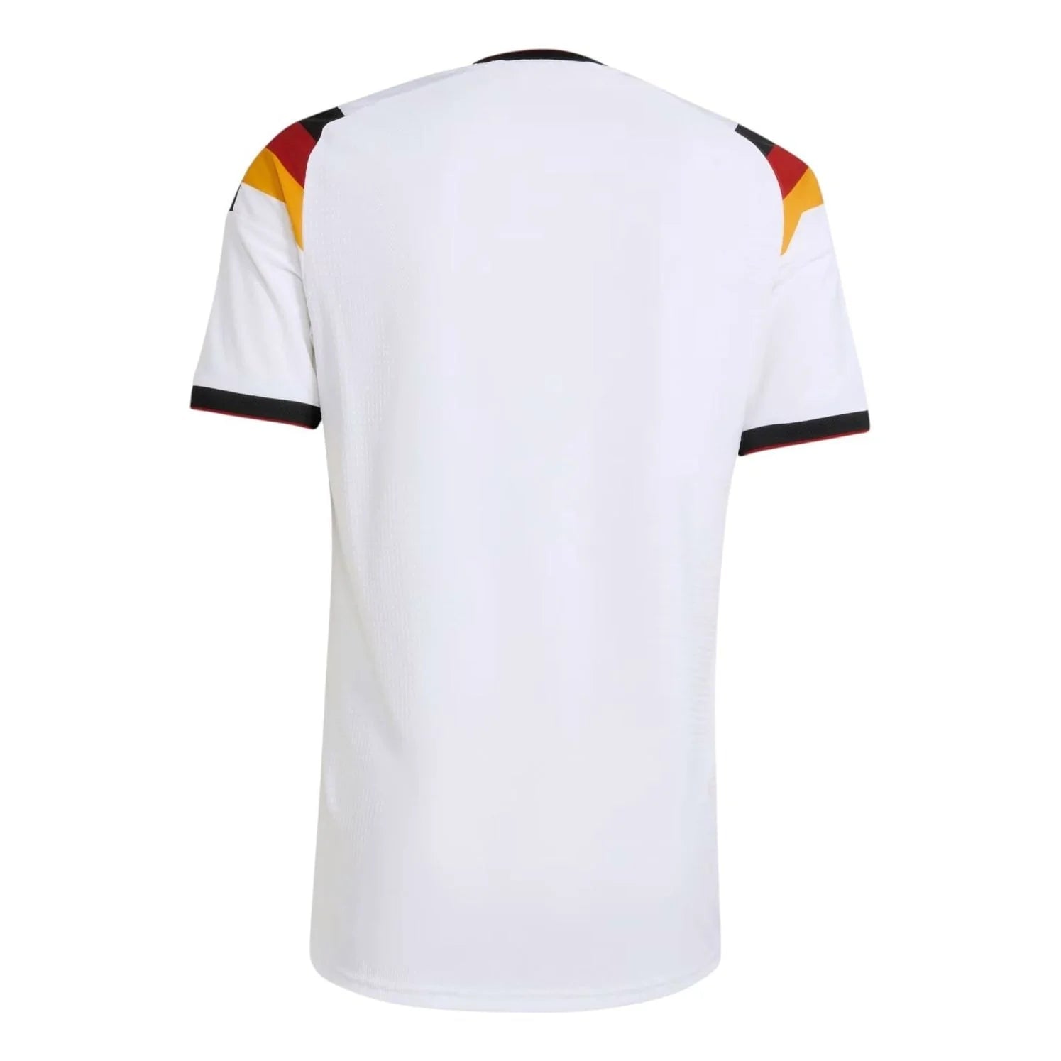 Germany_26_Home_Authentic_Jersey_White_JN2066_HM6_converted-square_1920x_7f8d461b-9072-4cff-a149-eca04e83cfd5 | AE JERSEY Back view of a white T-shirt with German flag-colored panels on the shoulders (black, red, yellow).