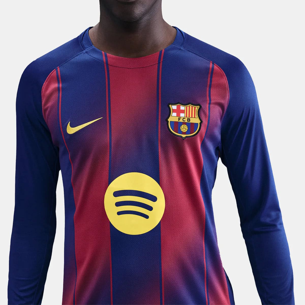HJ4611-456-PHSYMG01 | AE JERSEY FC Barcelona football jersey front view with blue and red vertical stripes, Nike swoosh, crest, and Spotify sponsor logo beneath the chest.