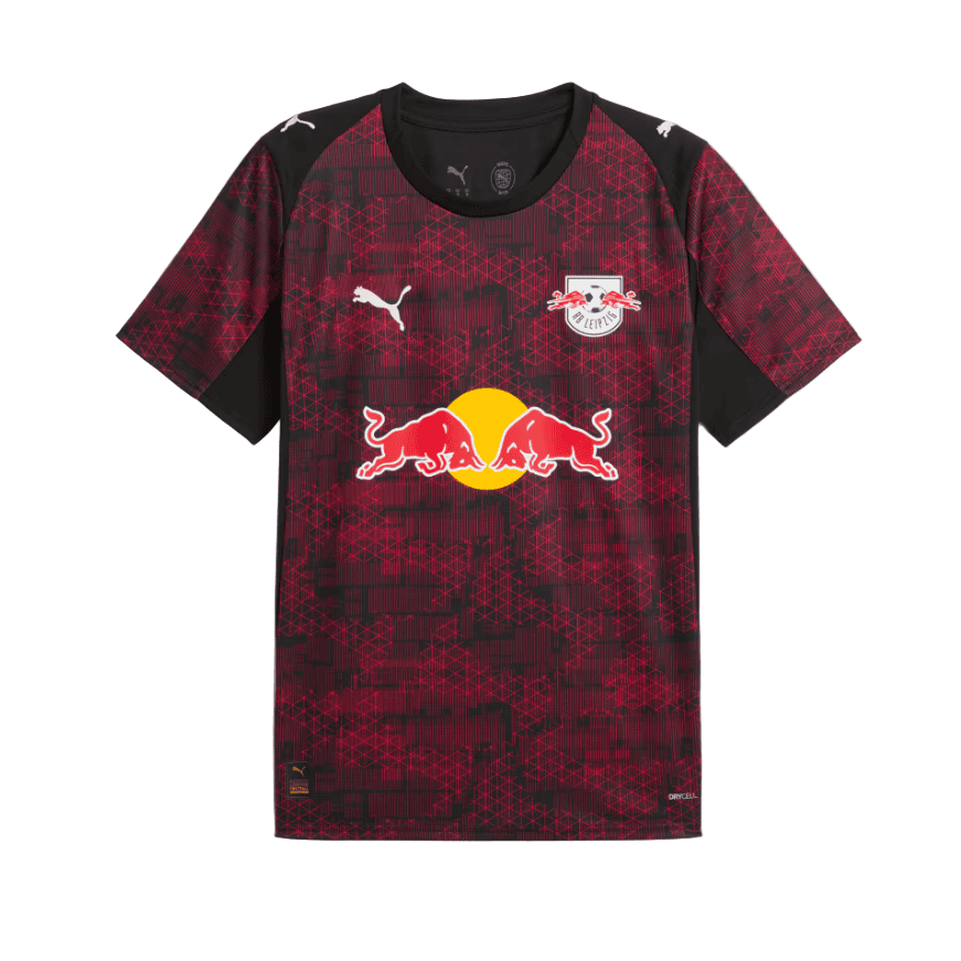 HX | AE JERSEY RB Leipzig football jersey with large Red Bull logo on a maroon geometric pattern, front view.