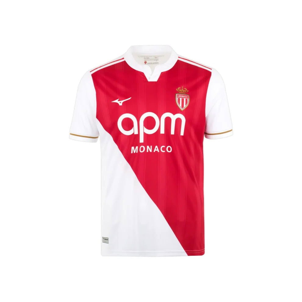 Home_Jersey_Monaco_M_Tango_Red_P2GACX75_59_FrontEdit_3edbd700-9b05-493f-8444-a8b77268a403 | AE JERSEY Monaco football jersey with red diagonal panel and white sides, featuring 'apm MONACO' sponsor and club crest on the chest.